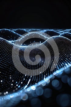 Highlighting a black background with binary code waves in the foreground, representing data flow and technology network conce