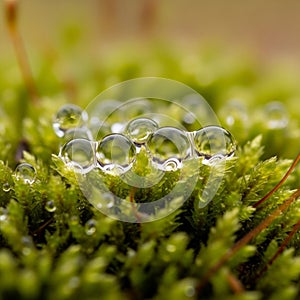 Highlighting the sharp focus on the droplets and moss emphasizing the