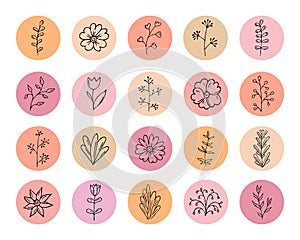 Highlights for social media.Trendy minimalistic round icons with doodle plants,covers for networks stories. Hand drawn templates