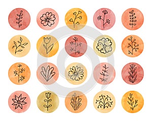 Highlights for social media.Trendy round icons with doodle plants,covers for networks stories.Abstract watercolor texture, hand