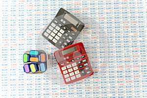 Highligters with Calculators on top of Spreadsheet background