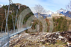 Highline 179 longest 406 meters rope bridge in the world in Alps mountains. Tyrol, Austria.