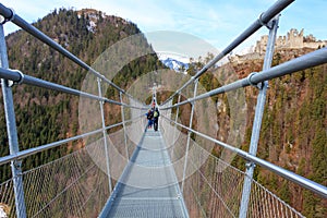 Highline 179 longest 406 meters rope bridge in the world in Alps mountains. Tyrol, Austria.