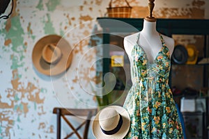 highlow summer dress on mannequin with sunhat beside it