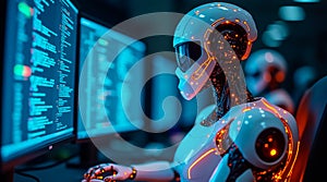 Futuristic robot working at computer desk in a high-tech environment during the night