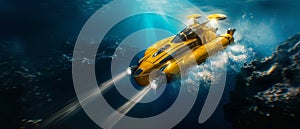 A highly advanced, yellow submersible craft with multiple propulsion systems effortlessly glides through the ocean