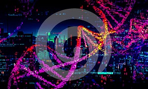 A highly coloured image of DNA Helix against a city background