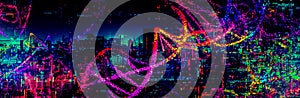 A highly coloured image of DNA Helix against a city background