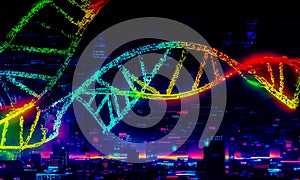 A highly coloured image of DNA Helix against a city background