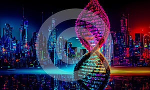 A highly coloured image of DNA Helix against a city background