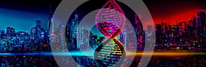 A highly coloured image of DNA Helix against a city background