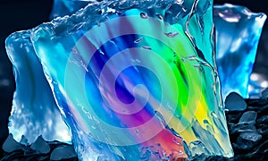 A highly coloured image of rainbow colours shown in a freezing iceberg landscape