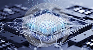 Abstract glowing microchip with intricate circuitry and luminous particles