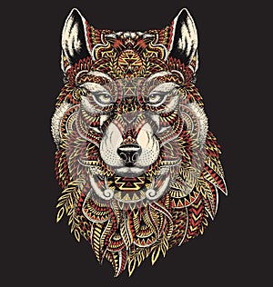 Highly detailed abstract wolf illustration in color