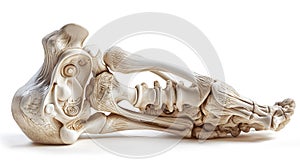 A highly detailed, artistic rendition of a human skeleton lying on its side, in a carved, ornate style on a white background