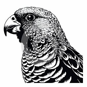 Highly Detailed Black And White Parrot Head Drawing