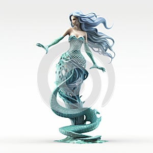 Highly Detailed Blue Mermaid Statue On White Isolated Background