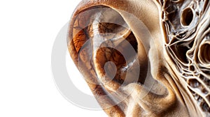 A highly detailed close-up of a human ear, showcasing intricate textures and patterns within its inner structures