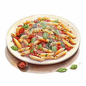 Highly Detailed Digital Watercolor Illustration Of Bucatini Pasta Plate