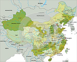 Highly detailed editable political map with separated layers. China.