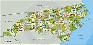 Detailed editable political map with separated layers. North Carolina.