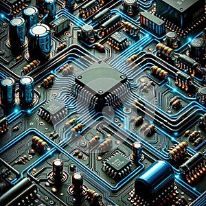 Highly Detailed Electronic Circuit Board with Various Components and Luminous Connections