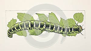 Highly Detailed Foliage A Realistic Silkscreen Drawing Of A Caterpillar