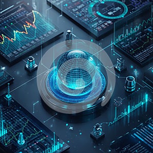 Futuristic Digital Interface With Holographic Globe and Data Visualization