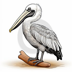 Highly Detailed Graphic Pelican Perched On Wooden Limb Illustration