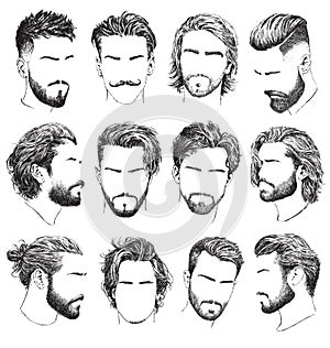 Highly detailed, hand drawn menâ€™s hairstyles, beards and mustaches vector set.