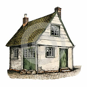 Highly Detailed Historical Illustration Of A Charming Green Cottage