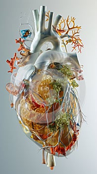 Highly detailed human heart model with arteries and veins, intricate and lifelike