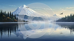 Highly Detailed Illustration Of Mountains And Water