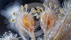A highly detailed image of pollen grains in the process of germination with delicate tendrils and intricate structures