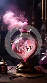 a highly detailed love potion brewing in a magical alchemist\'s laboratory, heart shaped pink smoke