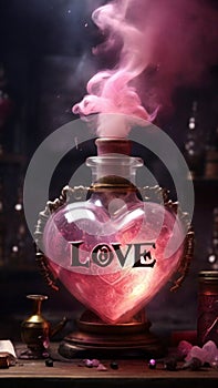 a highly detailed love potion brewing in a magical alchemist\'s laboratory, heart shaped pink smoke