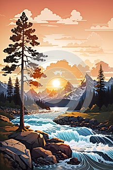 Illustration of river streamwith sunset
