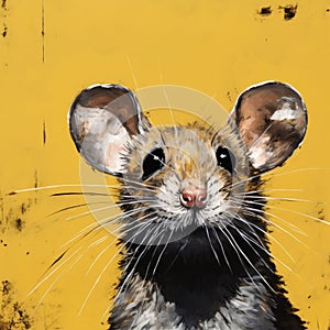 Highly Detailed Oil Painting Of A Playful Mouse In Yellow Background