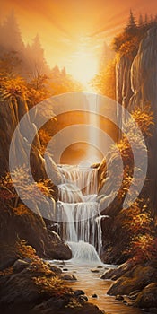 Highly Detailed Oil Painting Of Waterfall At Golden Sunrise In Ariana Grande Style