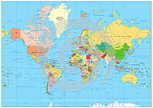 Highly detailed political World map with labeling