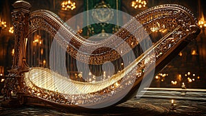 ornate irish clÃ rsach harp with gold filigree in medieval castle photo