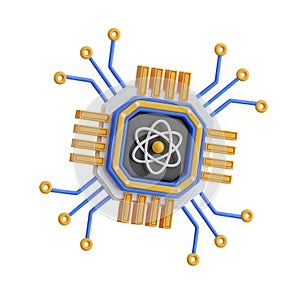 Futuristic quantum computing processor with atomic symbol concept for advanced technology and science white background