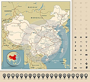 Highly detailed road map of China with roads, railroads, rivers