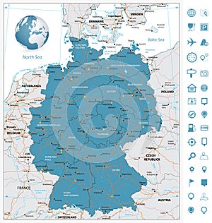Highly detailed road map of Germany with rivers and navigation