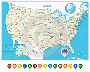 Highly detailed road map of United States and colorful map point