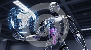 Advanced futuristic robot holding glowing globe symbolizing technology and global innovation