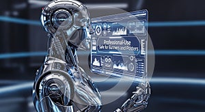 Advanced humanoid robot interacting with a futuristic holographic data display screen