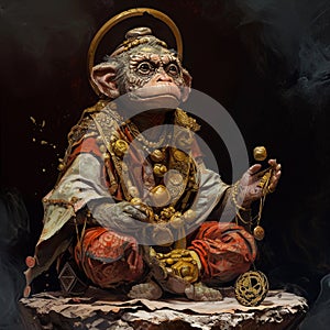 Highly detailed, stylized representation of monkey-like figure adorned with ornate jewelry and garments, sitting in