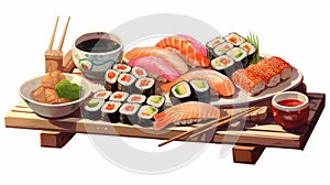 Highly Detailed Sushi Table Illustration In Solapunk Style