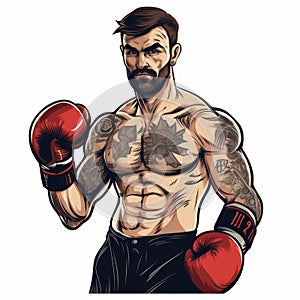 Highly Detailed Tattooed Boxer In Red Gloves: Algeapunk Cartoon Illustration